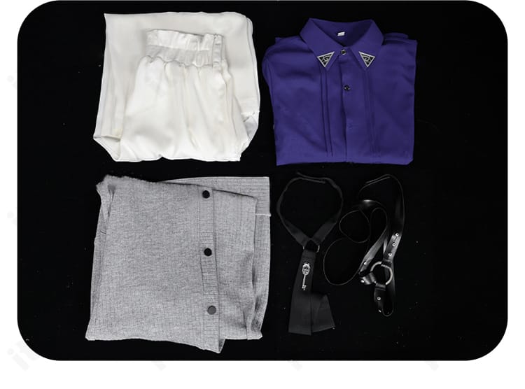 セット内容一覧：コート、シャツ、ズボン、ネクタイ、肩ベルトの5点セットを一望できる画像。