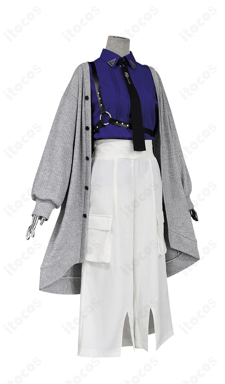 側面ビュー：ジャケットのラインと肩ベルト位置、パンツの落ち感など横からのディテール。