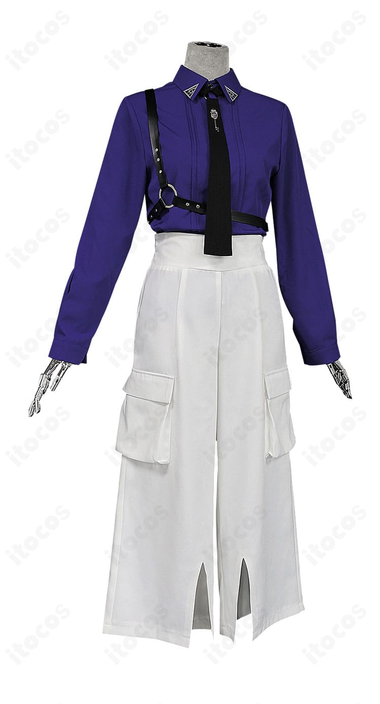 インナー詳細：紫系インナーシャツの正面ディテール。襟元の色味・質感が分かるクローズアップ。