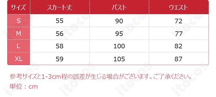 パンティ・アナーキー衣装 サイズ表。S・M・L・XLの各寸法を確認できるガイド。