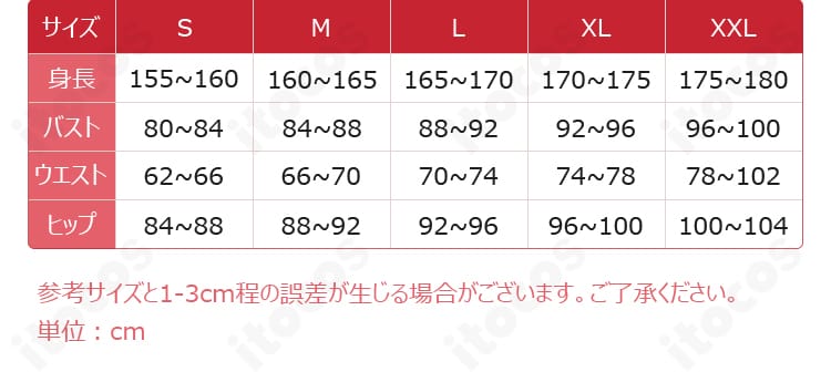 ねりコスプレ衣装のサイズ表。S・M・L・XLの寸法比較でサイズ選びの参考になる図。