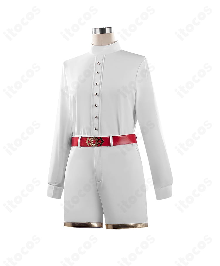 白シャツの生地感とボタン周りの縫製を拡大。イベント長時間でも着やすい素材感を表現。