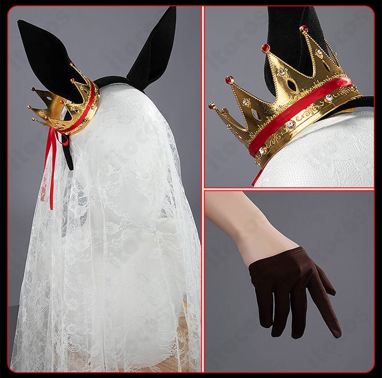 カチューシャ型ヘッドドレスと手袋の装飾アップ。頭周りと手元のアクセの質感を解説。