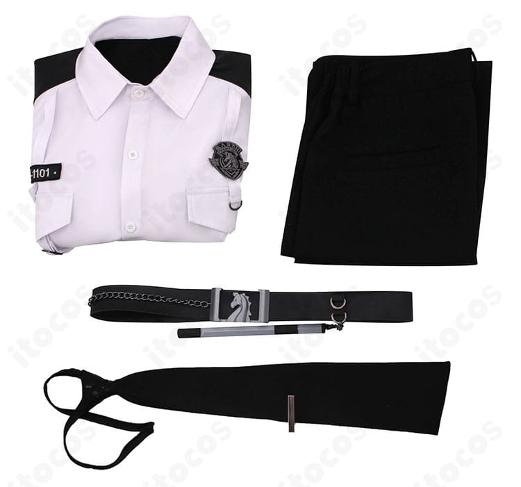 恋と深空 セイヤ コスプレ衣装のセット内容一式。シャツ、ズボン、ネクタイ、ベルトの4点を掲載。