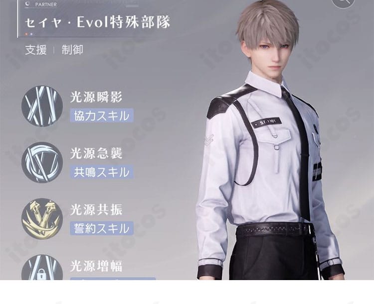 恋と深空 セイヤ Evol特殊部隊コスプレ衣装のキャラクター再現イメージ。部隊章と番号が目を引くデザイン。