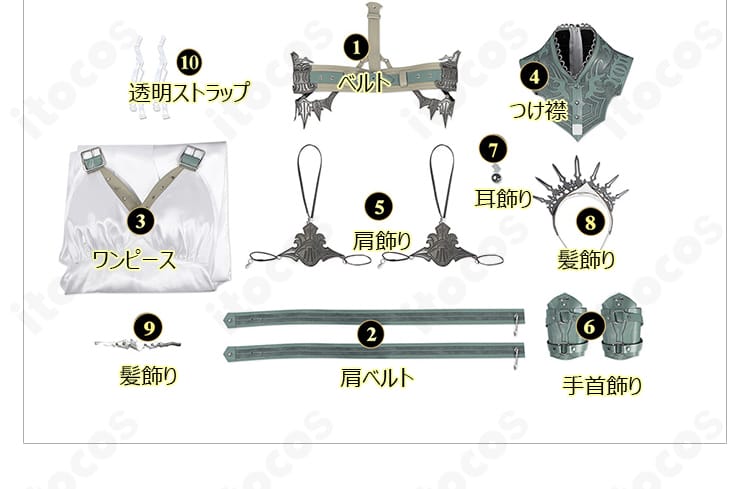 ティファ・ルーザ姫コスプレ衣装のセット内容一覧。ワンピース、つけ襟、腰封、アクセ類を確認。