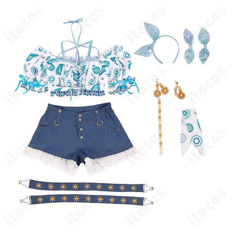 「夏めきペイン」コスプレ衣装セット内容一式。トップス、ショートパンツ、腰飾り、手首飾り、カチューシャ、髪飾りを並べて表示。