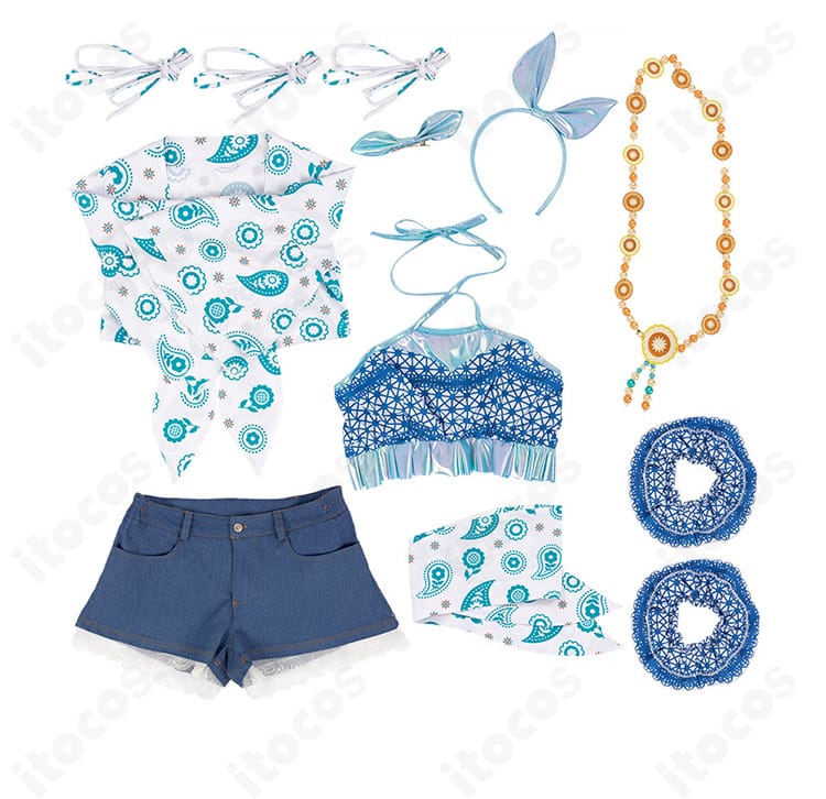 コスプレ衣装セット内容一覧。トップス、ベアトップ、ショートパンツ、腰布、腰飾り、腕飾り、太もも飾り。