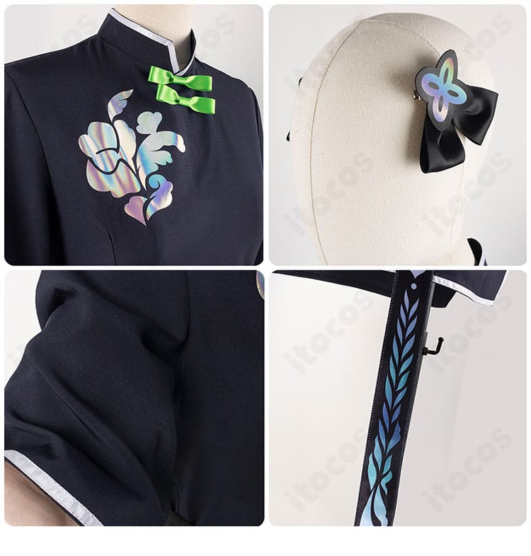 春原シュン（幼女）コスプレ衣装の装飾詳細。髪飾りやワンピースの装飾パーツのアップ。