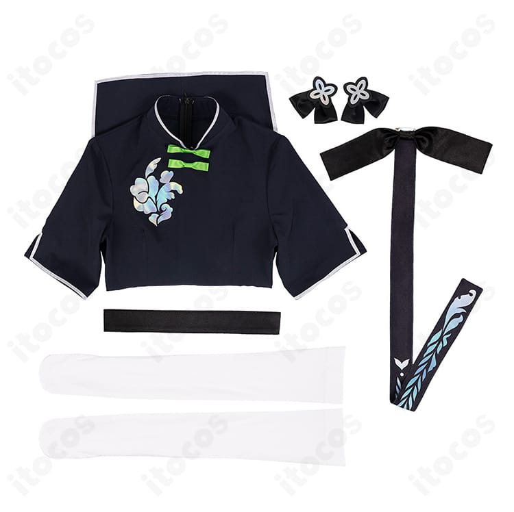 春原シュン（幼女）コスプレ衣装のセット内容一覧。ワンピース、ベルト、背部蝶結び、髪飾り、靴下の5点。