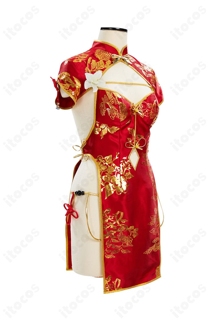 春麗コスプレ衣装 右側面図。肩と袖口の装飾配置やシルエットのラインが分かるディテール。