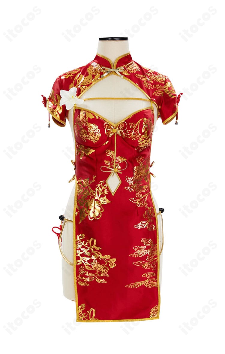 春麗のコスプレ衣装 正面図。つけ襟と胸飾りを含む高再現のチャイナドレスセット全体を確認できます。