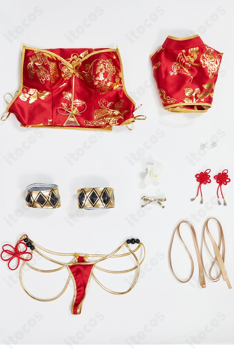 春麗 コスプレ衣装のセット内容一覧。つけ襟・チャイナドレス・ショーツ・髪飾り・耳飾り・中国結び・胸飾り・手首飾りを表示。