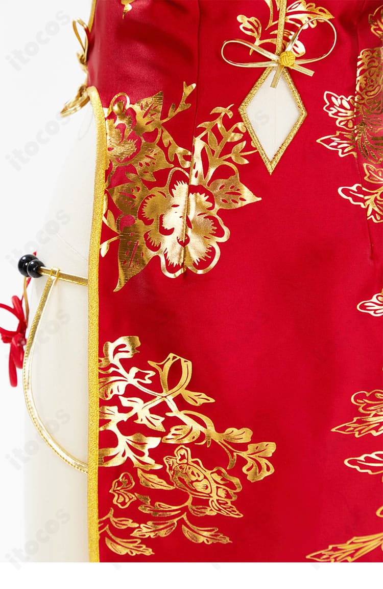 春麗コスプレ衣装 裾周りの装飾ディテール。作品世界観に合わせた意匠の仕上がり。