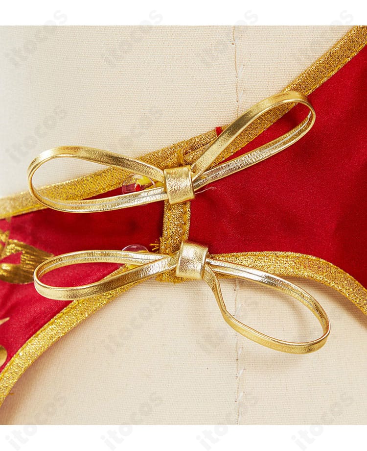 春麗コスプレ衣装 腰部装飾のディテール。装飾の配置と仕立ての精度が見える写真。