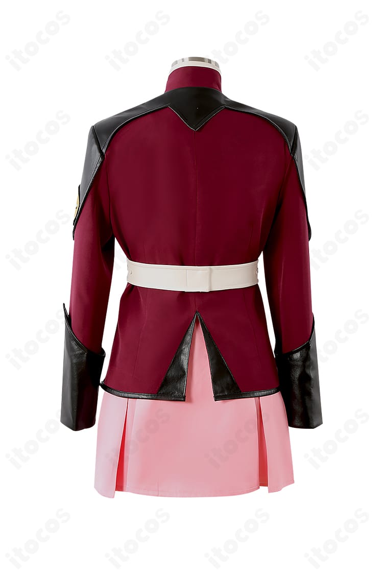 ルナマリア・ホーク制服コスプレの背面。背面パネルの切替えやファスナー位置、ベルト通しの作りを確認できる画像。