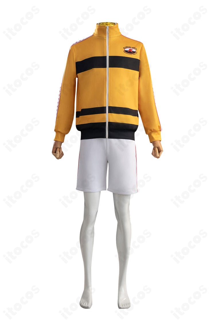 ショートパンツの正面。ウエストと配色ラインのディテール