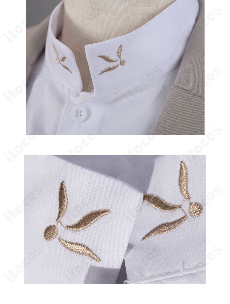 太宰治コスプレ衣装の領口装飾ディテール。襟の重なりと縫製ライン、装飾の質感を強調。