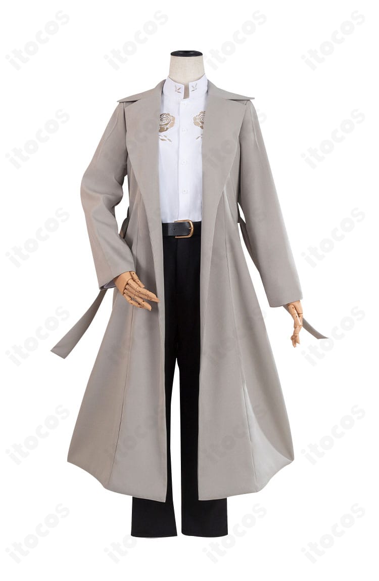 文豪ストレイドッグス 太宰治 コスプレ衣装の正面全身。トレンチの丈感、シャツの襟元、パンツのシルエットまで確認可能。