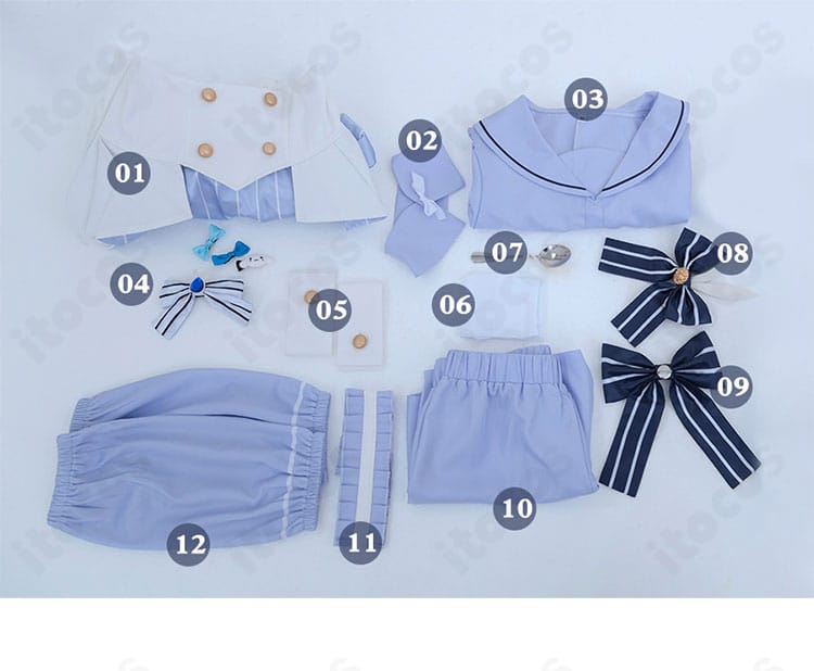 セット内容一式の平置き画像。トップス・スカート・小物まで揃うフルセット。