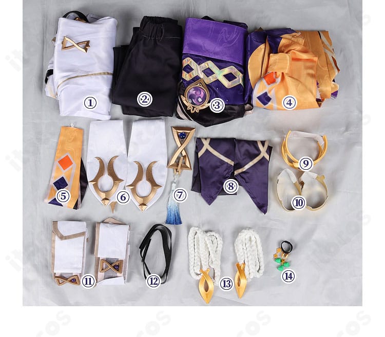 セトス衣装のセット内容一覧。トップス・ズボン・コルセットベルト+神の目飾り・小物類を確認。