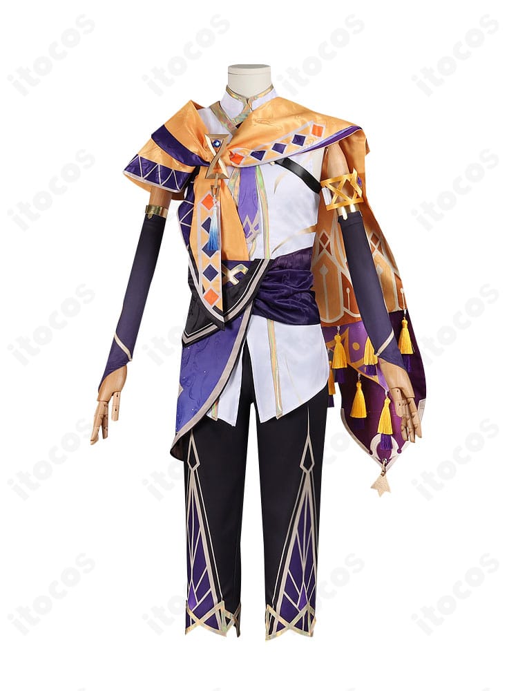 セトス コスプレ衣装の正面全身。胸飾りとコルセットベルト、ショールの配置がわかるディテール。