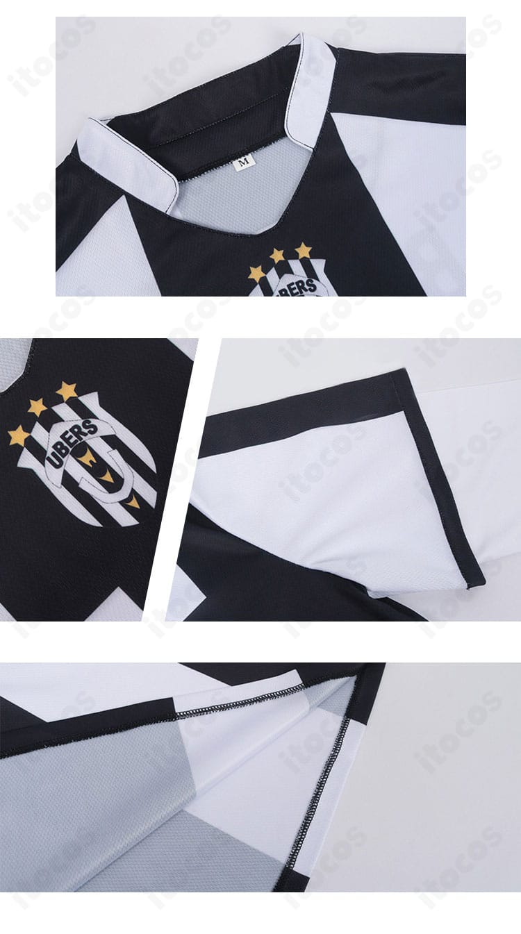 馬狼照英 コスプレ衣装 トップスの装飾詳細。ユニフォームのロゴやマーキング、ステッチの仕上げを拡大で表示。