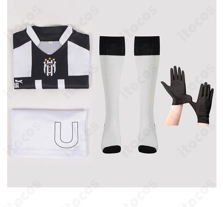 馬狼照英 コスプレ衣装 セット内容一式。トップス、半ズボン、靴下、手袋の4点を並べた確認画像。