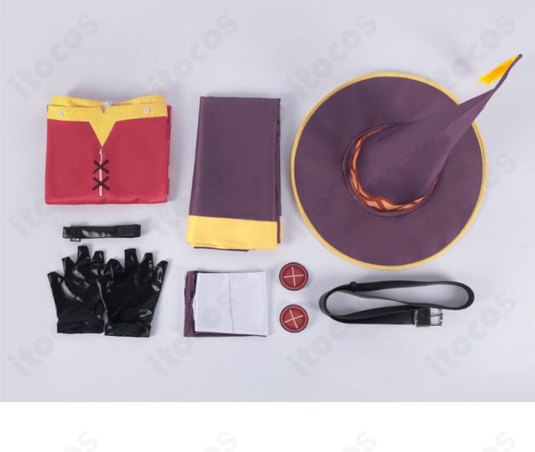 コスプレセット内容一覧。ワンピース、マント、帽子、飾り物、手袋、チョーカー、靴下、ベルトを一画面で紹介。