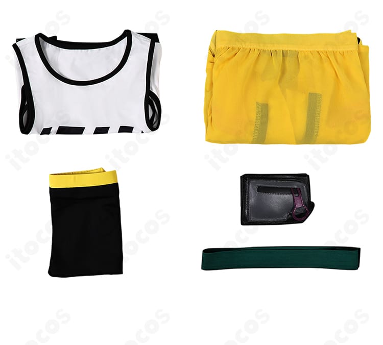 VALORANT キルジョイ衣装のセット内容一式。コート、トップス、パンツ、ウエストポーチ、太もも飾りを並べた画像。