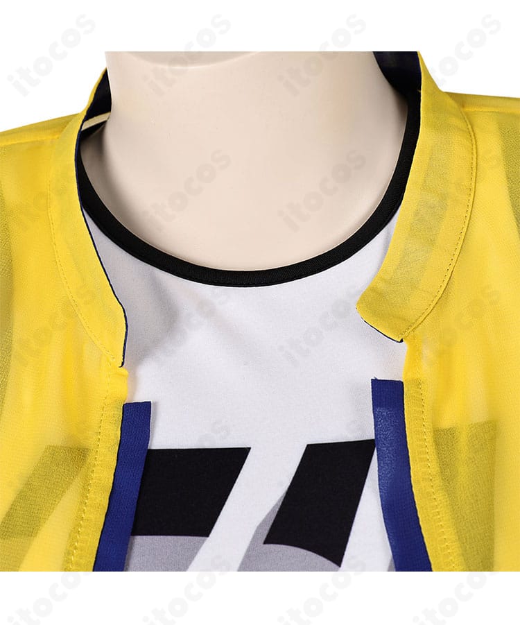 キルジョイ衣装の襟元ディテール。配色アクセントと装飾パーツの質感を強調したアップ。