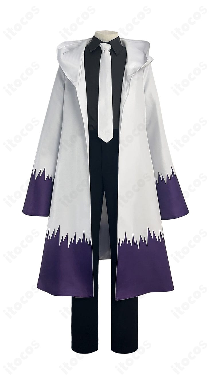 『マッシュル-MASHLE-』アビス・レイザー衣装・正面。端正な襟元とまっすぐなコートライン、ネクタイの収まりなどディテールを確認できる構図。