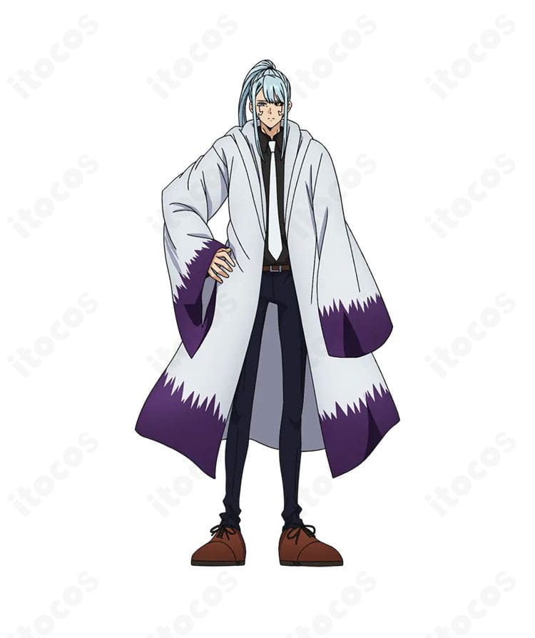 『マッシュル-MASHLE-』アビス・レイザーの学園制服コスプレ衣装・全身。高再現のコートとシャツ、ネクタイ、ズボンのセットを正しく着用したイメージ。