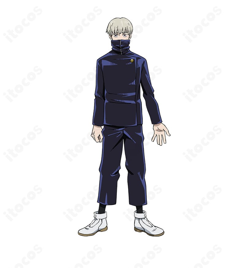 呪術廻戦 狗巻棘の制服コスプレ全身。スヌードと黒基調の上着・ズボンでキャラクターの雰囲気を忠実再現。