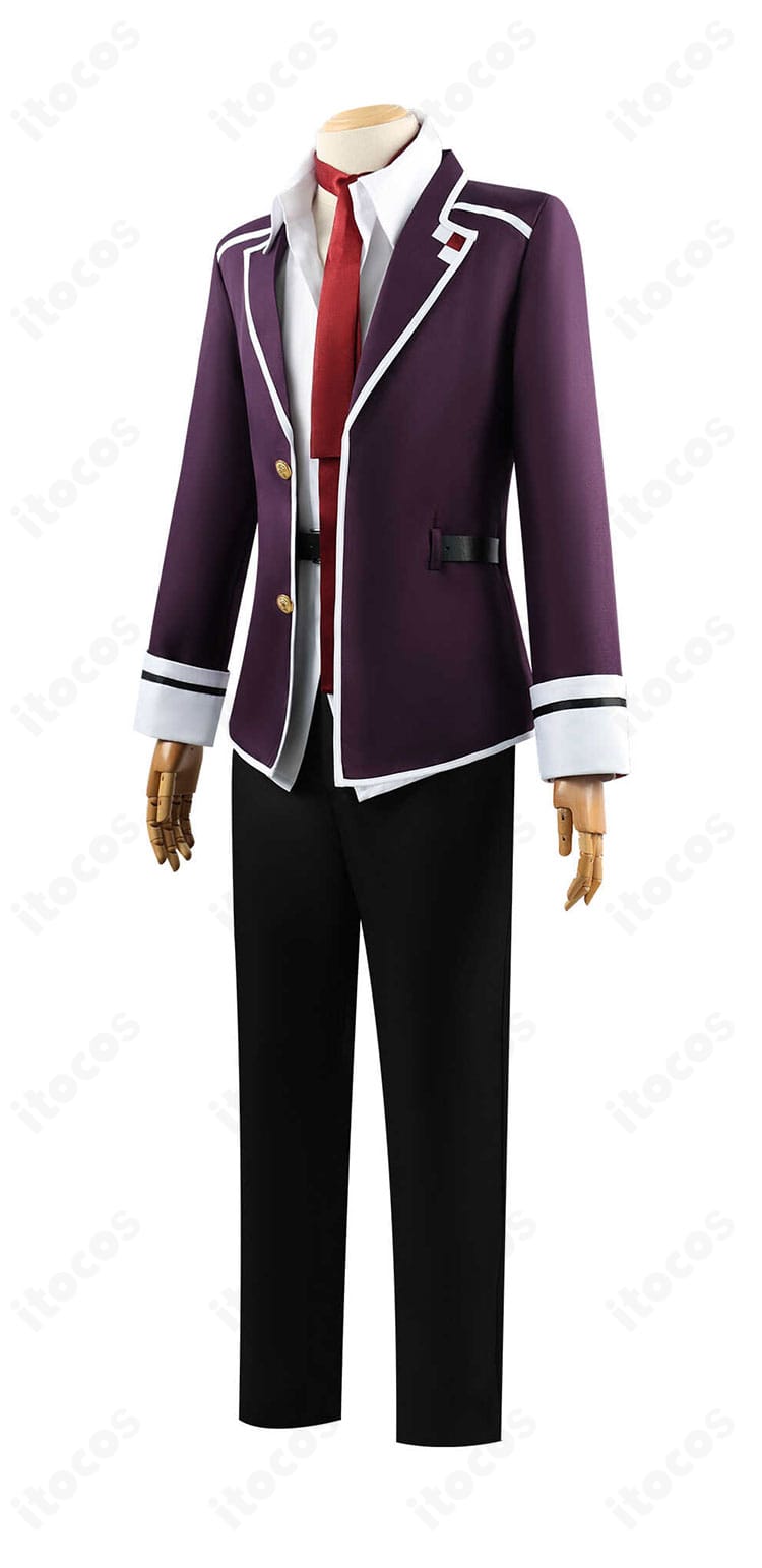 逆巻アヤトの学園制服コスプレのサイドビュー。肩線と裾のライン、パンツのシルエットを確認できる画像。