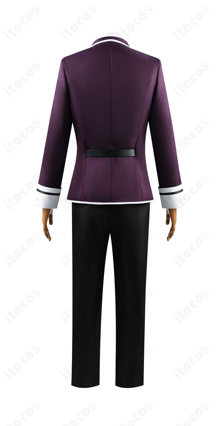 逆巻アヤトの学園制服コスプレ背面。背中の縫製ラインとコートの落ち感を丁寧に再現。