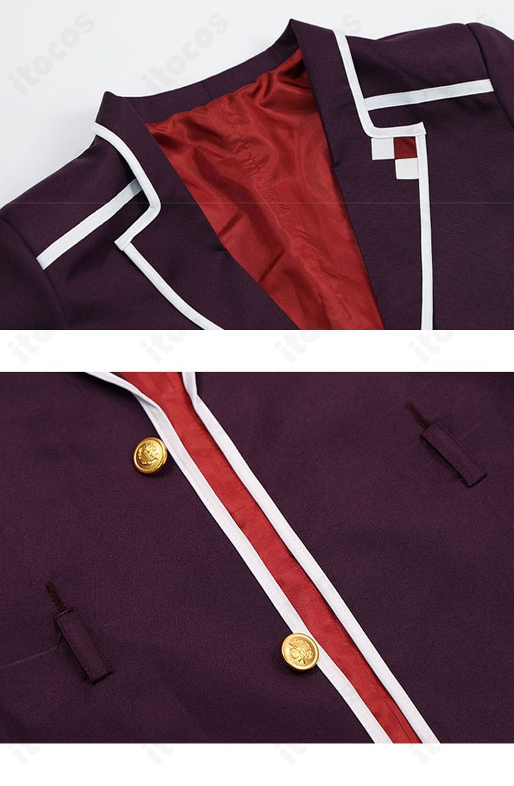 襟元と前立ての装飾ディテール。ネクタイの発色と襟の形状がアヤトらしい印象を強調。