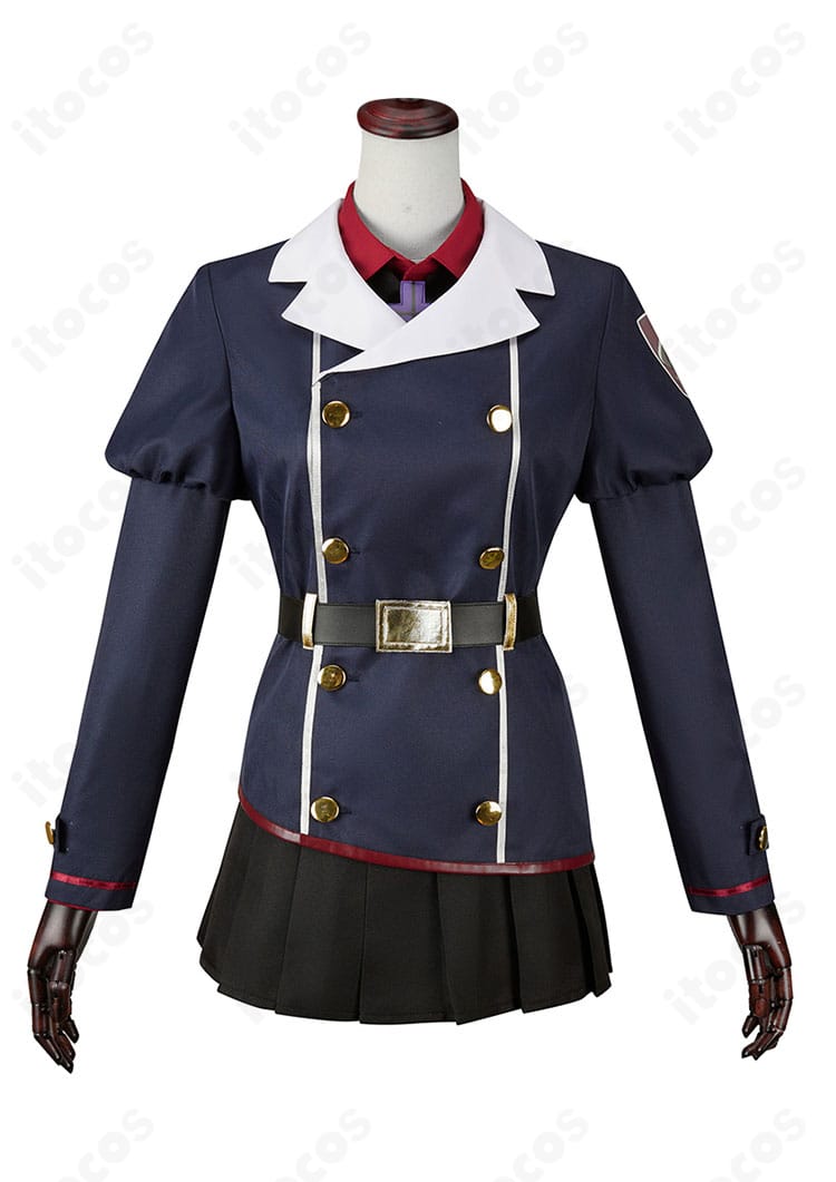 伊草ハルカ コスプレ衣装の正面全身。帽子・コート・シャツ・スカート・ネクタイの5点セット構成と配色の再現が分かる画像。