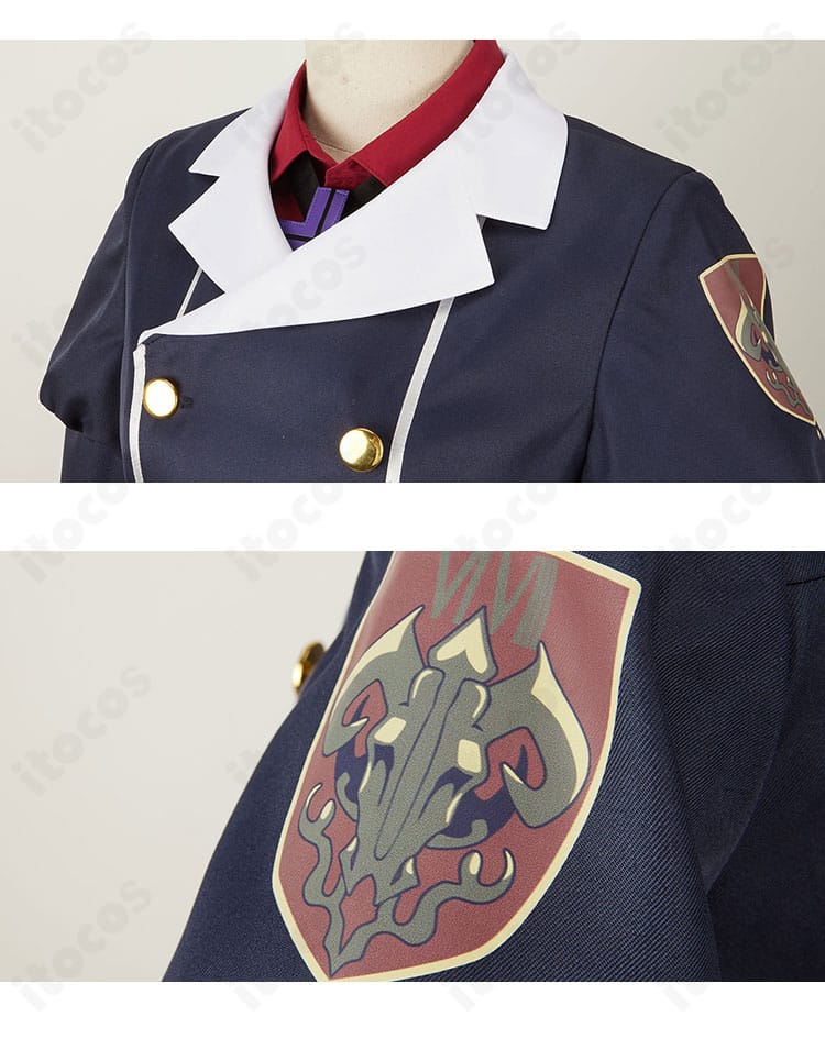 伊草ハルカ コスプレ衣装の襟元と肩周り。刺繍や装飾の作り込みとネクタイの結び位置が見えるクローズアップ。