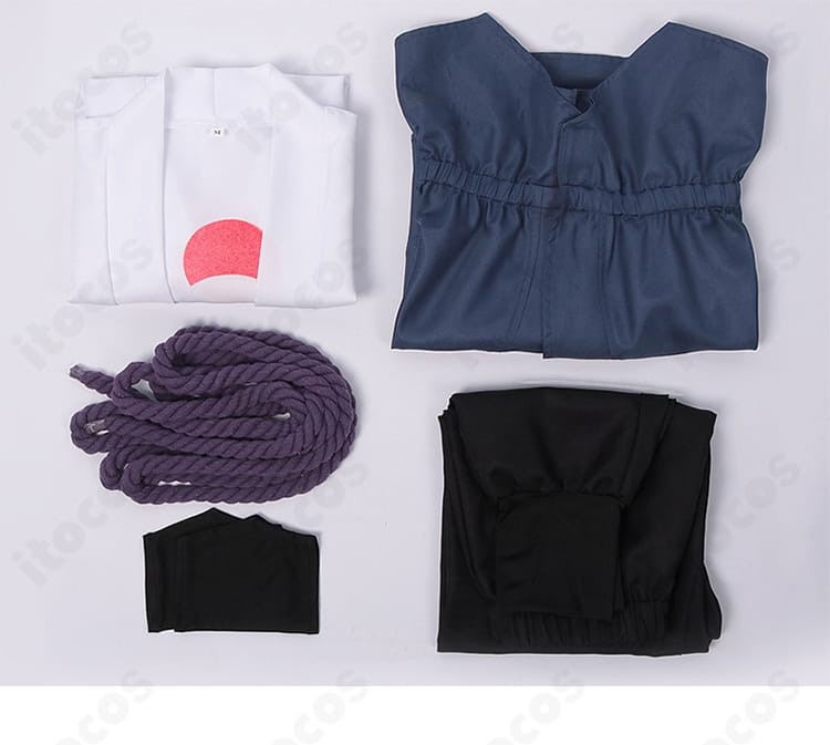 うちはサスケ コスプレ衣装のセット一式。トップス・ズボン・腰布・紐飾り・手袋