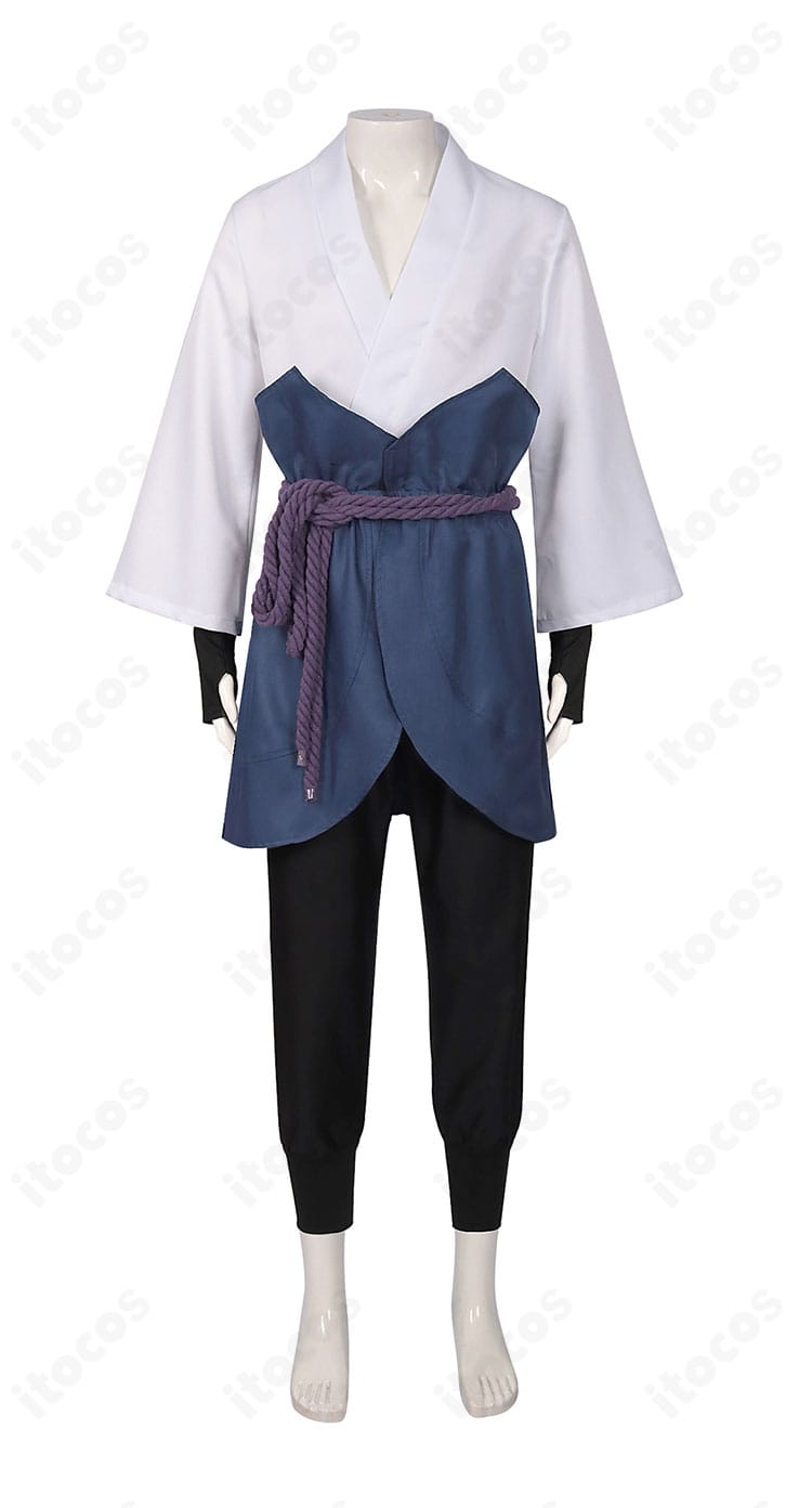 ナルト作品 うちはサスケ コスプレ衣装の正面全体。シルエットと配色を忠実に再現