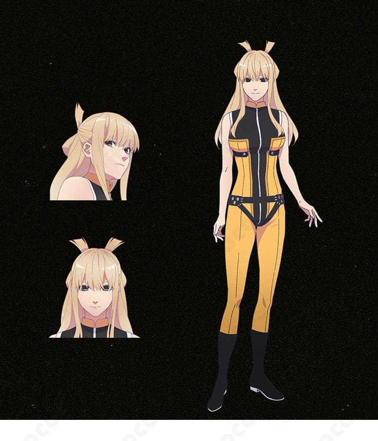 戦隊大失格 錫切夢子のコスプレ衣装とキャラクター画像の組み合わせ。正面全体でジャンプスーツとベルトの再現度を示す