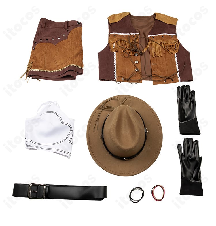 ティファ ウェスタンガイド姿コスプレ セット内容一式（上着・インナー・スカート・ベルト・帽子・手首飾り・手袋）