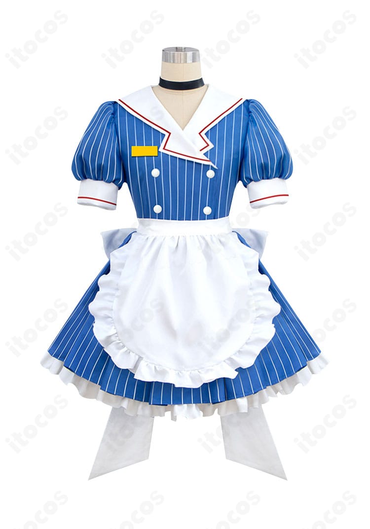 初音ミク メズマライザー コスプレ衣装の正面ディテール。ワンピースとエプロンの配色と装飾を鮮明に撮影