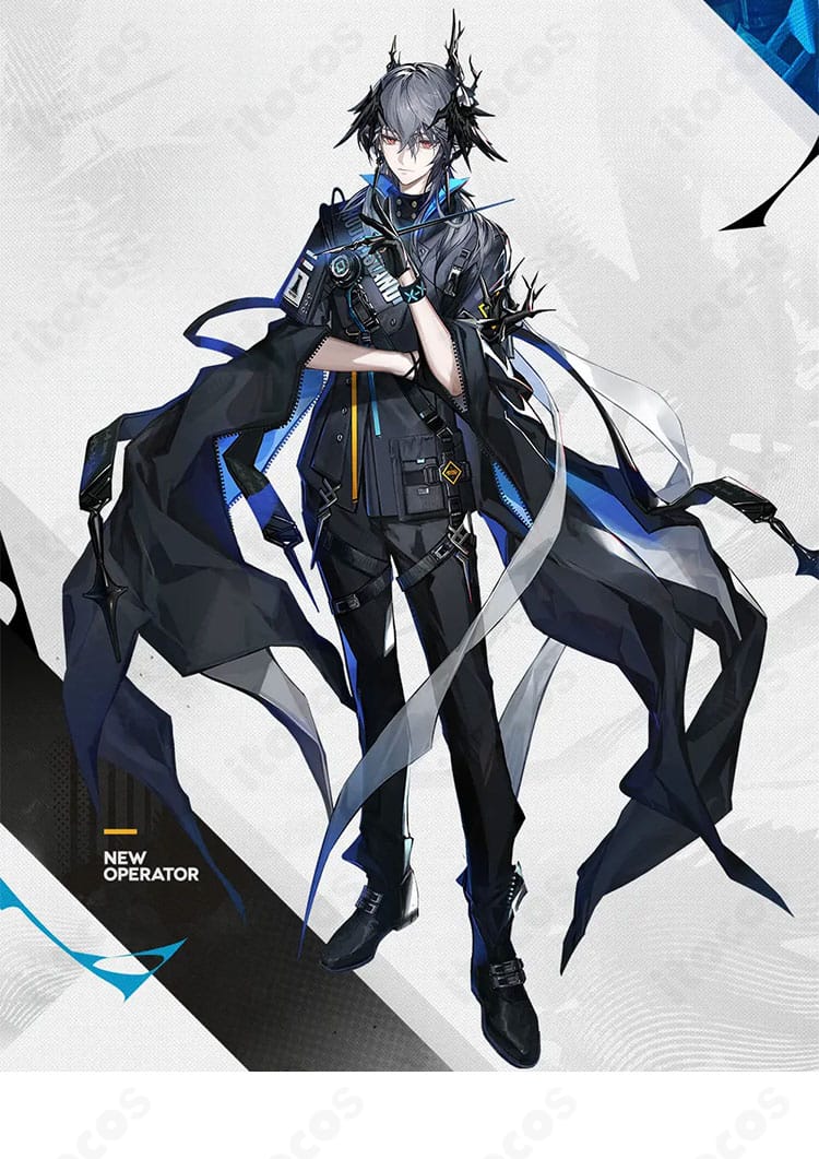 アークナイツ ロゴスの公式ビジュアル再現コスプレ衣装。特徴的なロングコートと装飾を高精度に表現したキャラクターイメージ画像。