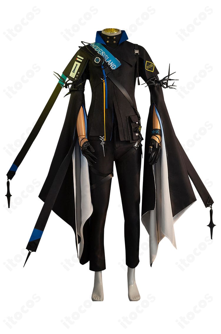 アークナイツ ロゴス コスプレ衣装の正面全体。ロングコートとインナーの構成、発色と質感が分かる高品質仕立て。