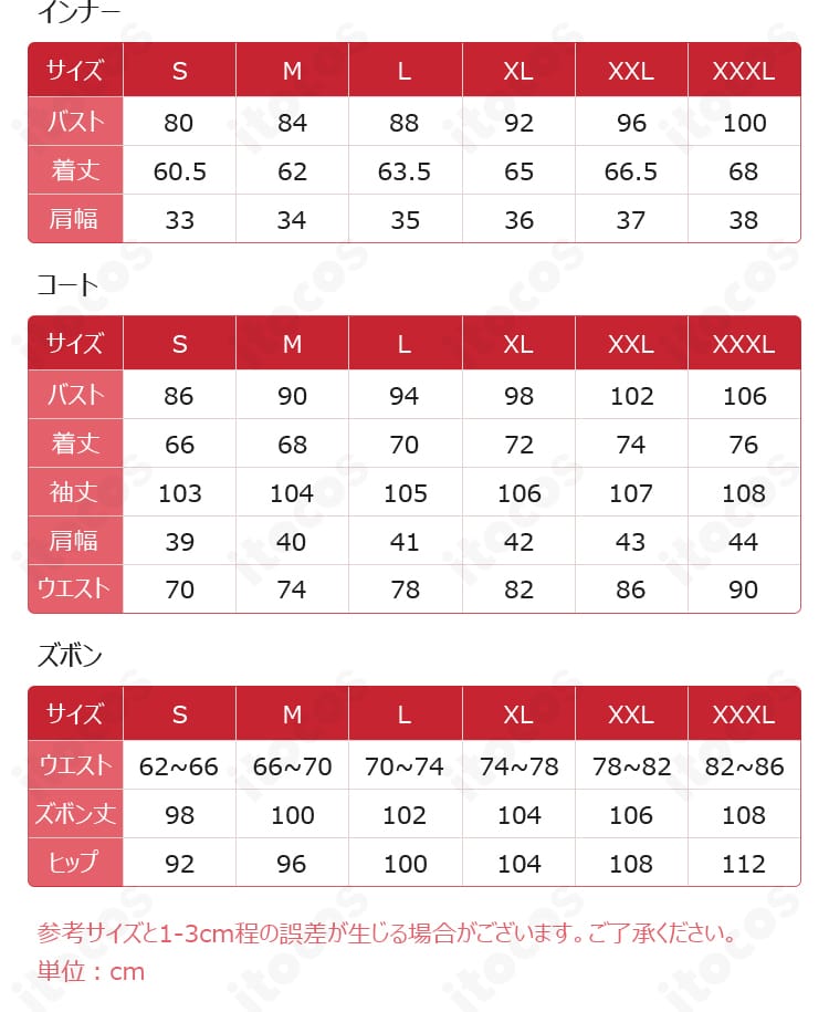 アークナイツ ロゴス コスプレ衣装のサイズ表。S〜XXXLの寸法情報でサイズ選びの参考になるデータ画像。