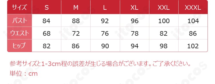 エミリア コスプレ衣装のサイズ表画像。S〜XXXLの寸法を比較でき、体型に合わせたサイズ選びの参考に。
