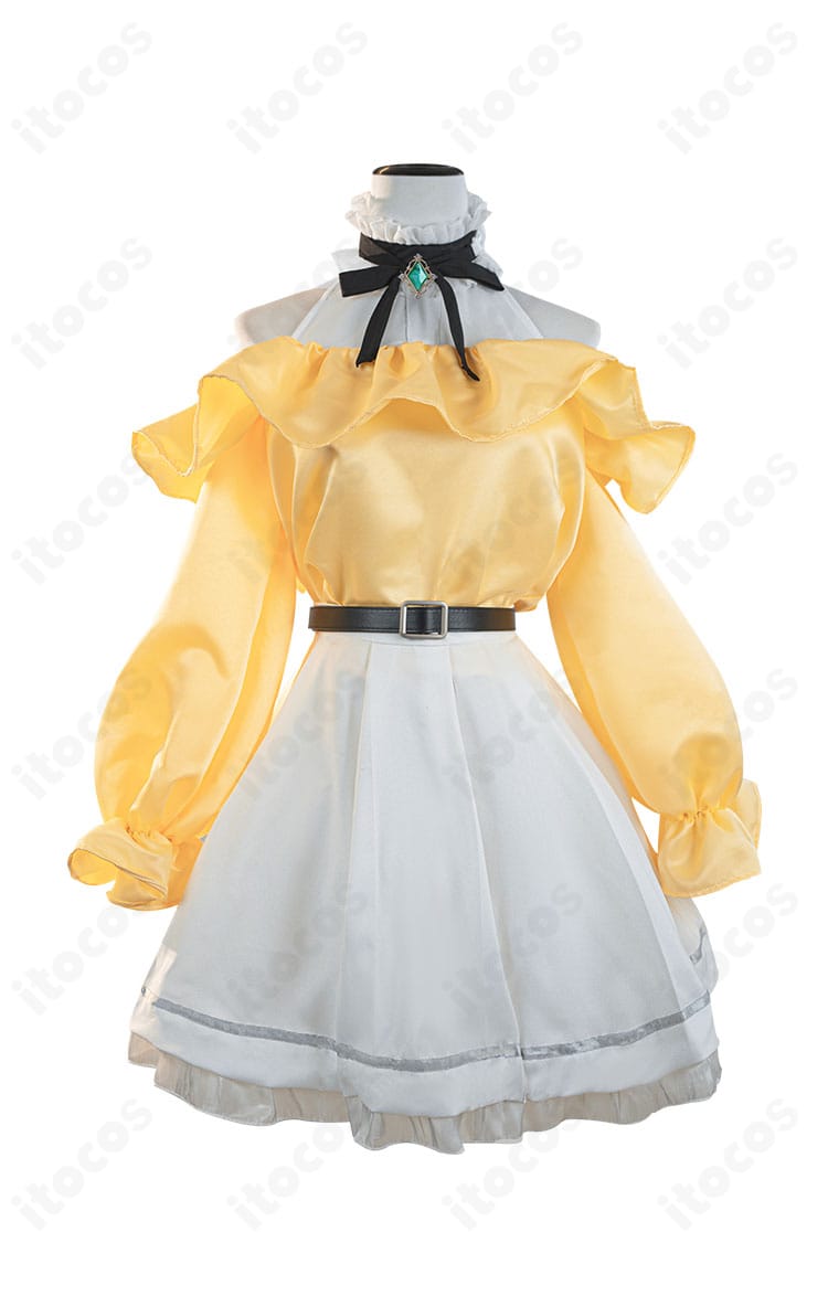 エミリア スプリングブリーズ コスプレ衣装の正面全体。トップスとスカート、リボンとベルトの配色・装飾を忠実に再現したITOCOS製。通販対応。