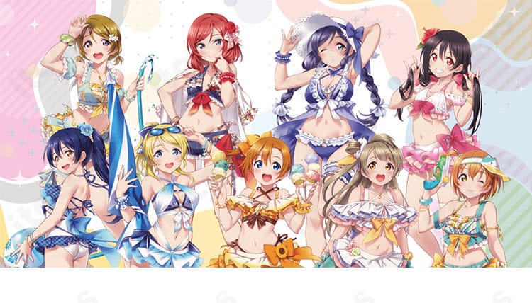 ITOCOS ラブライブ！矢澤にこ 水着コスプレ衣装のキャラクター風全身イメージ。髪飾り・手首飾り・太もも飾りまで再現したセット構成。